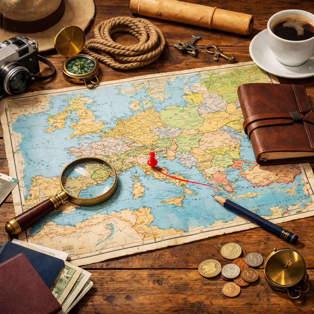 Map of Europe with a red pushpin in Italy, surrounded by travel items including a camera, compass, rope, notebook, magnifying glass, pencil, coins, passports, and coffee cup