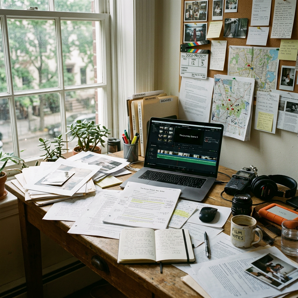 Desk with film editing laptop, documents, maps, notes, camera gear, and coffee mug