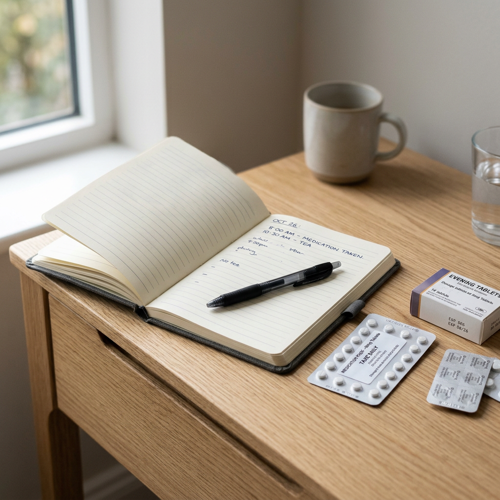 Notebook with medication schedule, pills, pen, mug, and glass of water on wooden table
